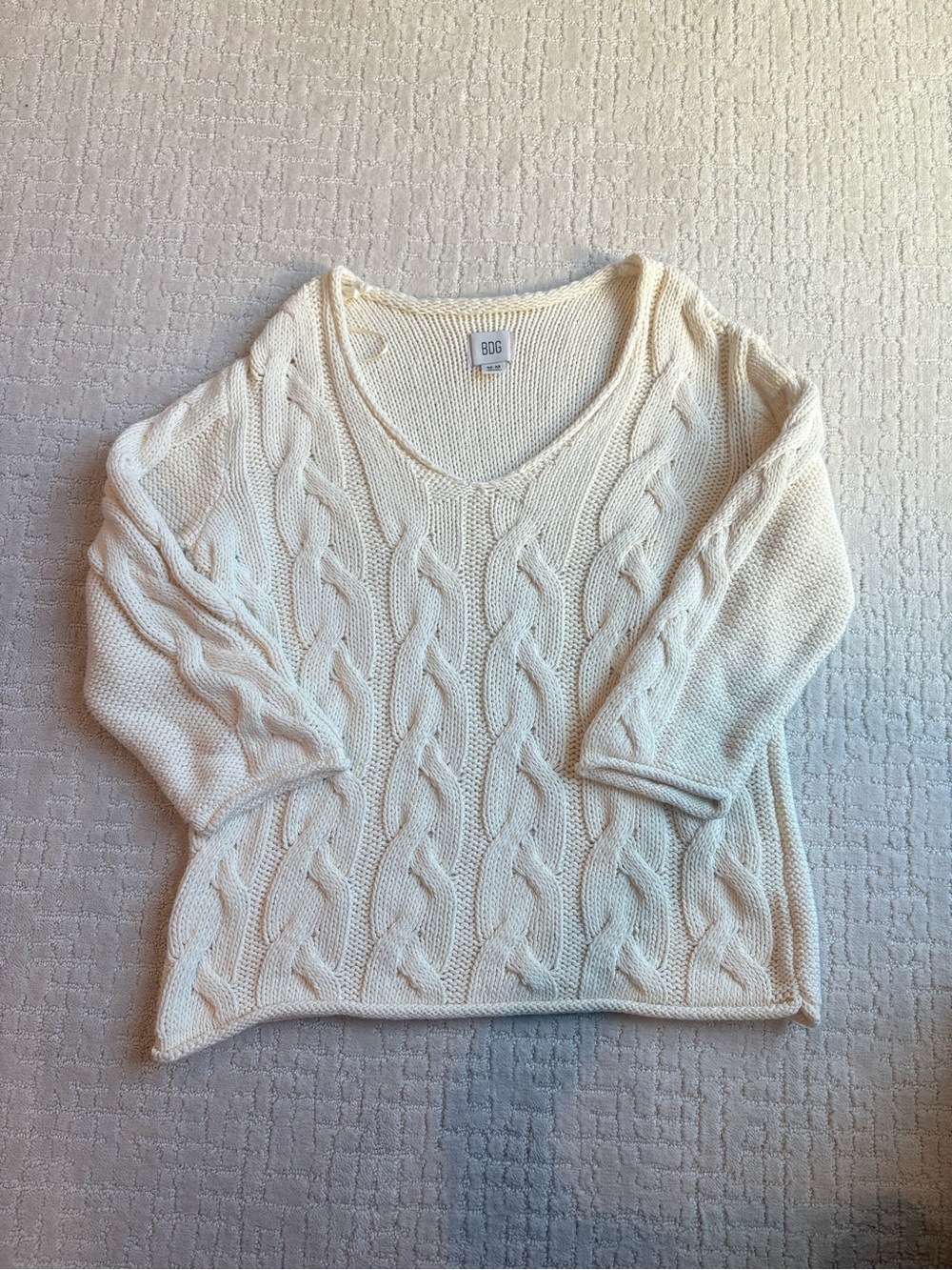 BDG Ivory Cable Knit V-Neck Sweater